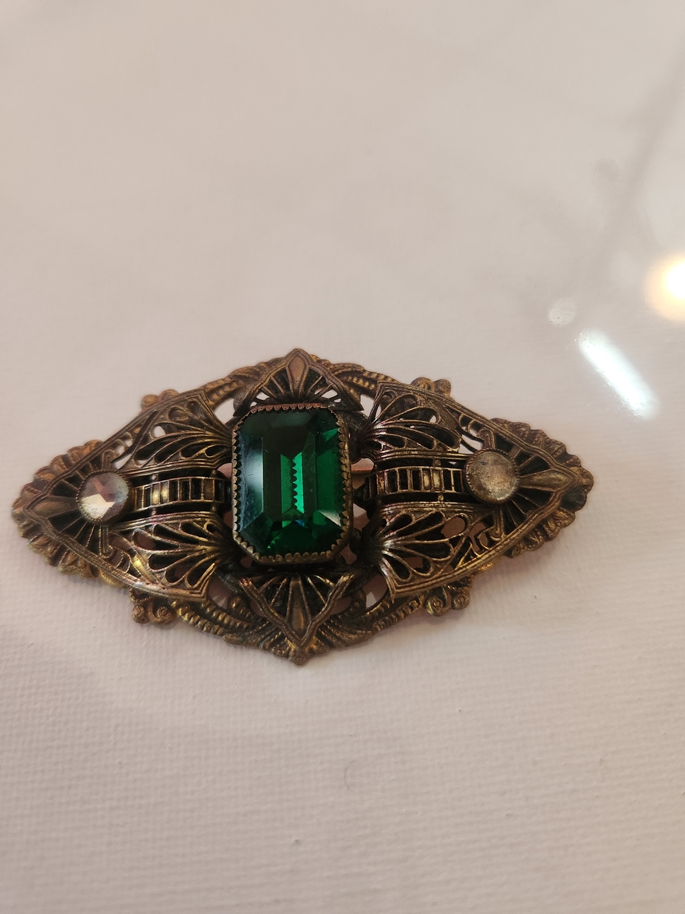 Vintage Filigree Brooch with Emerald Green Stone